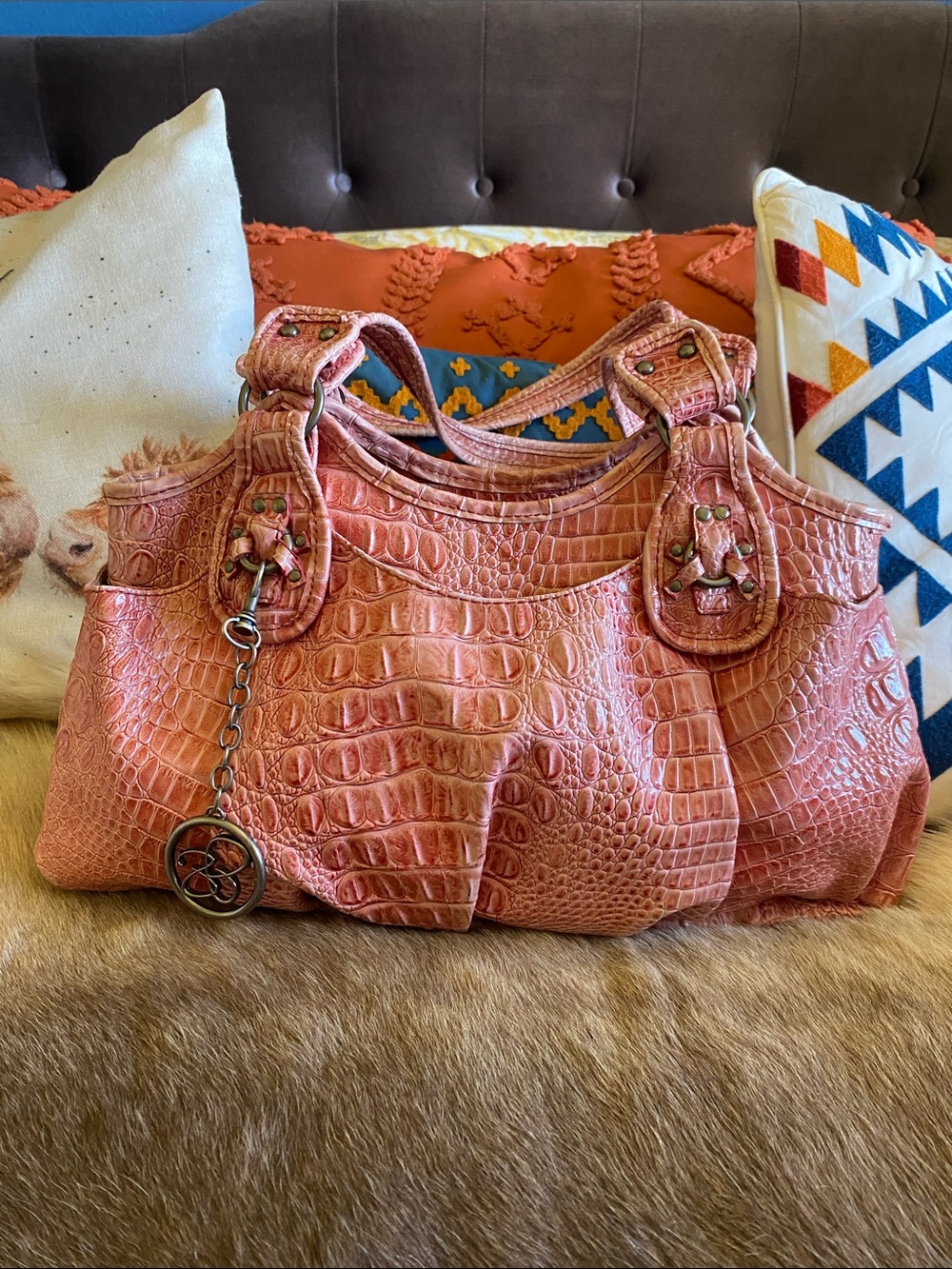 Jessica Simpson Pink Croc-Embossed Shoulder Bag
